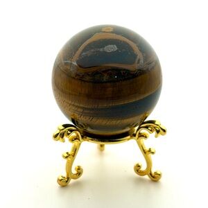 Tiger Eye Crystal Sphere with gold-tone metal stand holder 3”